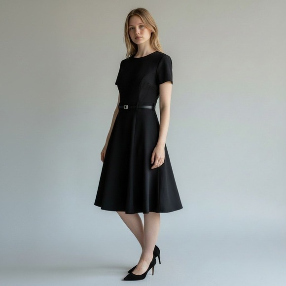 Calvin Klein Dresses & Skirts - NWT Calvin Klein Black Belted A-Line Midi Dress Short Sleeve Gold Zip 10